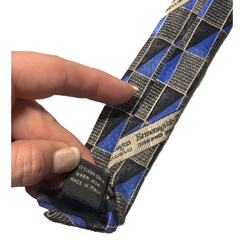 Ermenegildo Zegna Neck Tie Mens Blue Black Slik Geometric Triangle Checkered - Picture 7 of 8
